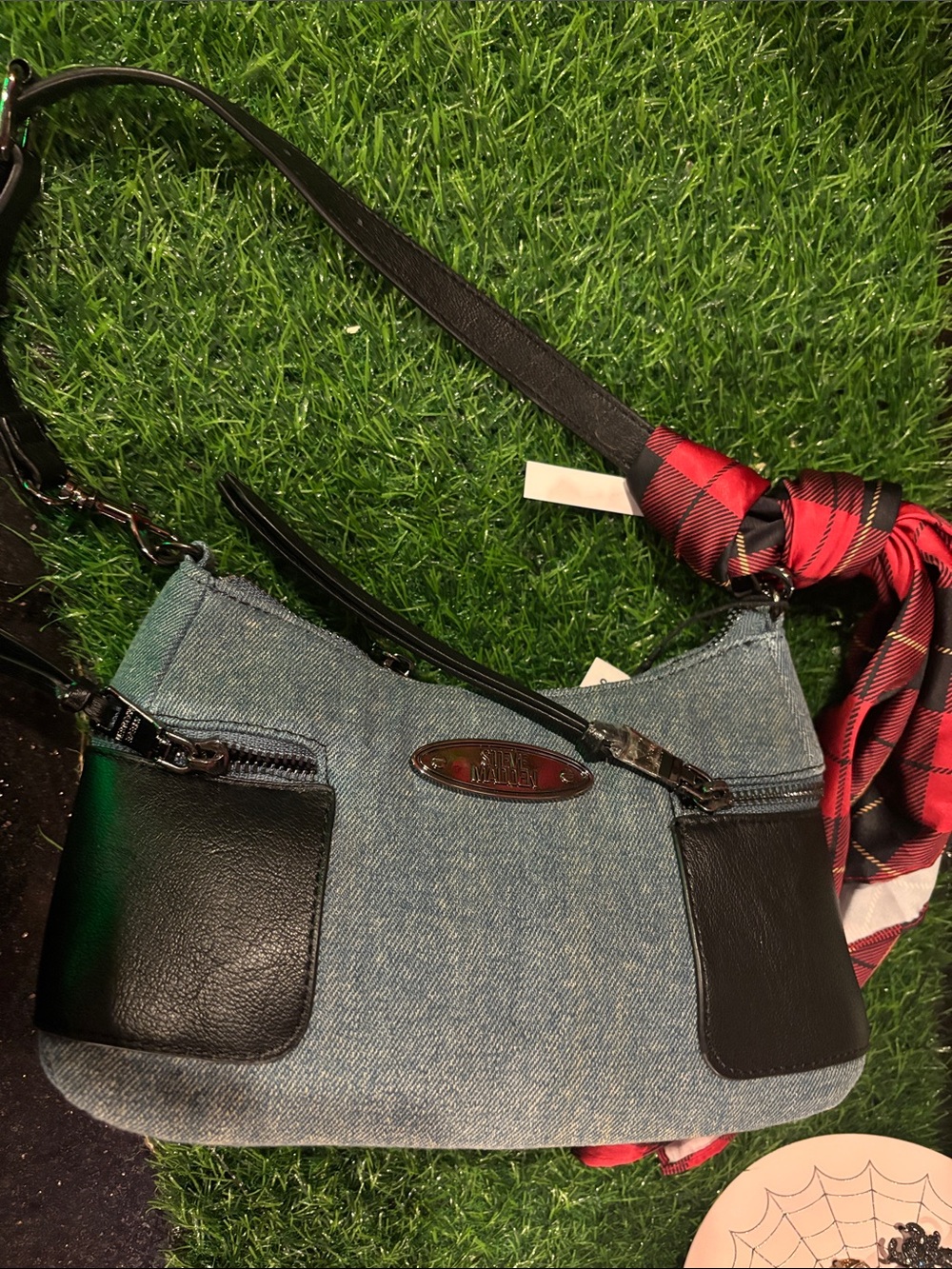 Steve Madden Denim and Black Leather Accent Shoulder Bag - Women nwt
